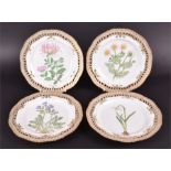 Four hand painted Royal Copenhagen Flora Danica dinner plates with gilded reticulated edges