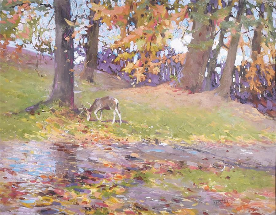 Frederick Hall (1860-1948) British a roebuck deer grazes in an autumnal forest, oil on board, signed