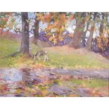 Frederick Hall (1860-1948) British a roebuck deer grazes in an autumnal forest, oil on board, signed