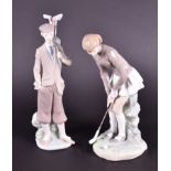 A Lladro figure of a golfer about to put a ball together with a Lladro figure of a male golfer