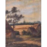 A late 19th century rural landscape a late August scene, looking out over a hay field, oil on