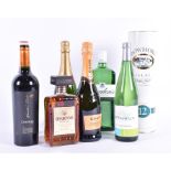 A quantity of various bottles of alcohol including champagnes, wines, whiskey, gin, Disaronno,