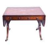 A Regency era banded sofa table with drop-down sides with two drawers, one with two compartments, on