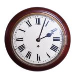 A late Victorian wall clock the white painted enamel dial with black Roman numerals set within a