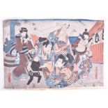 A 19th century Japanese woodblock print depicting revellers flying kites the central kite