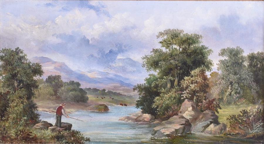 A late 19th / early 20th tranquil fishing scene oil on canvas, in a gilt gesso frame, 25.5 x 44 cm.