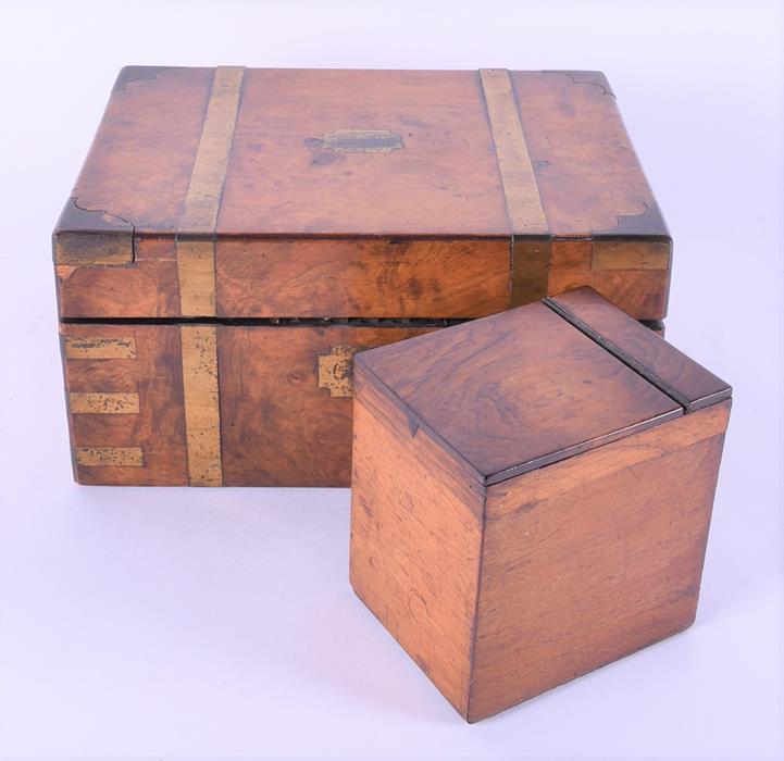 A Victorian writing box with brass bound inlay the interior with gilt and tooled leather, split into - Image 2 of 7