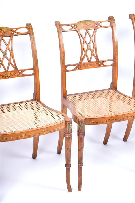 A set of four 19th century Sheraton Revival satinwood chairs each with cane seats and finely painted - Image 7 of 14