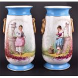 A large pair of Victorian porcelain vases decorated with images of young girls beside statues of