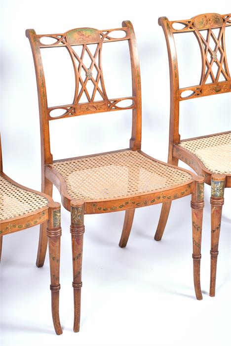 A set of four 19th century Sheraton Revival satinwood chairs each with cane seats and finely painted - Image 8 of 14