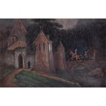 An unusual 19th century rosewood framed collage depicting a Bavarian castle with soldiers crossing a