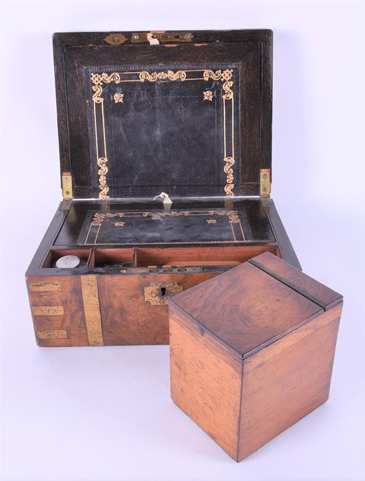 A Victorian writing box with brass bound inlay the interior with gilt and tooled leather, split into - Image 3 of 7