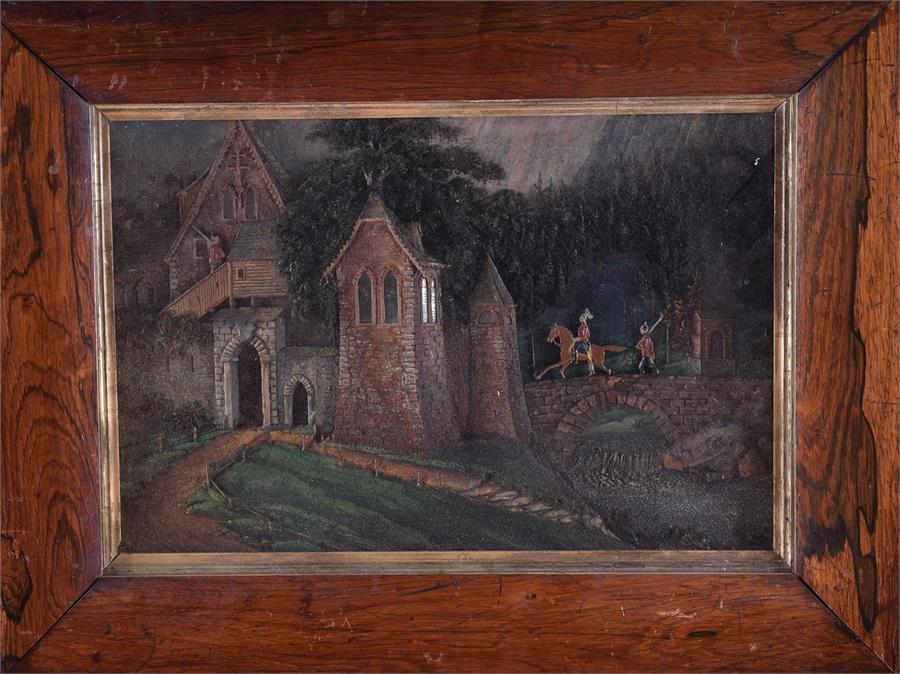 An unusual 19th century rosewood framed collage depicting a Bavarian castle with soldiers crossing a - Image 2 of 3