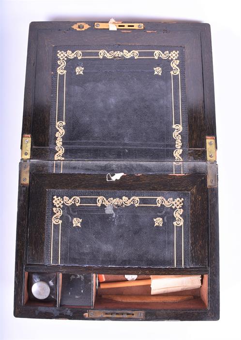 A Victorian writing box with brass bound inlay the interior with gilt and tooled leather, split into - Image 6 of 7