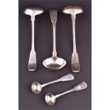 A collection of five small Scottish silver sauce ladles of varying sizes, the three largest 16 cm