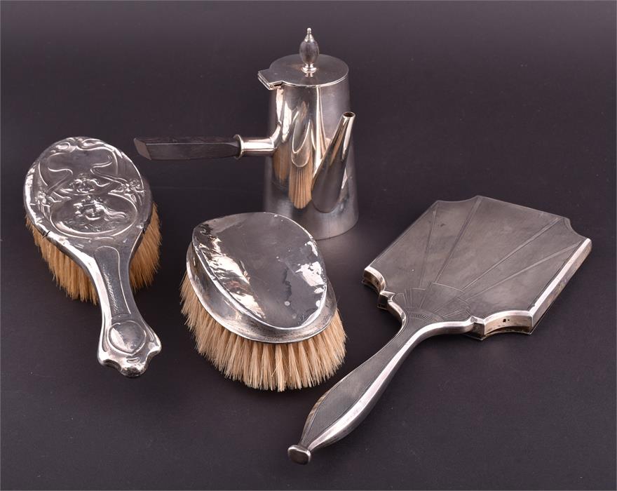 A mixed lot of silver and silver plate to include a silver backed Art Deco hand mirror the handle