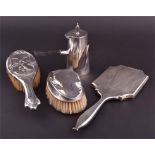 A mixed lot of silver and silver plate to include a silver backed Art Deco hand mirror the handle