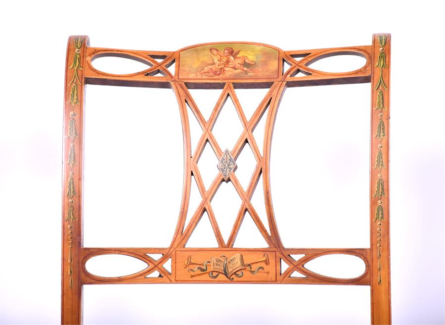 A set of four 19th century Sheraton Revival satinwood chairs each with cane seats and finely painted - Image 5 of 14