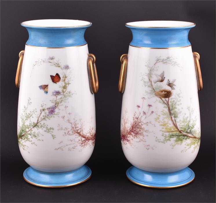 A large pair of Victorian porcelain vases decorated with images of young girls beside statues of - Image 2 of 3