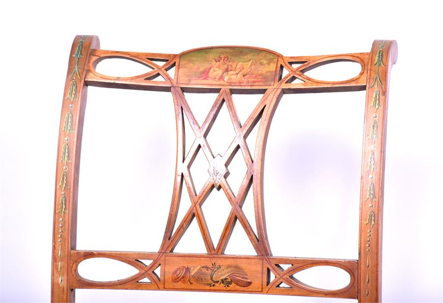 A set of four 19th century Sheraton Revival satinwood chairs each with cane seats and finely painted - Image 4 of 14