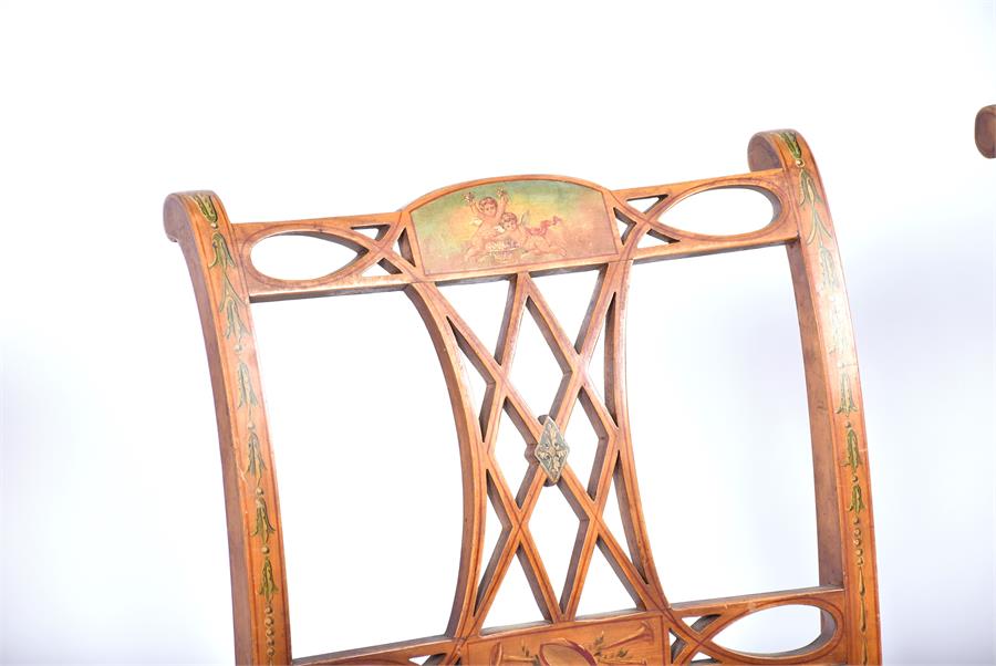 A set of four 19th century Sheraton Revival satinwood chairs each with cane seats and finely painted - Image 9 of 14