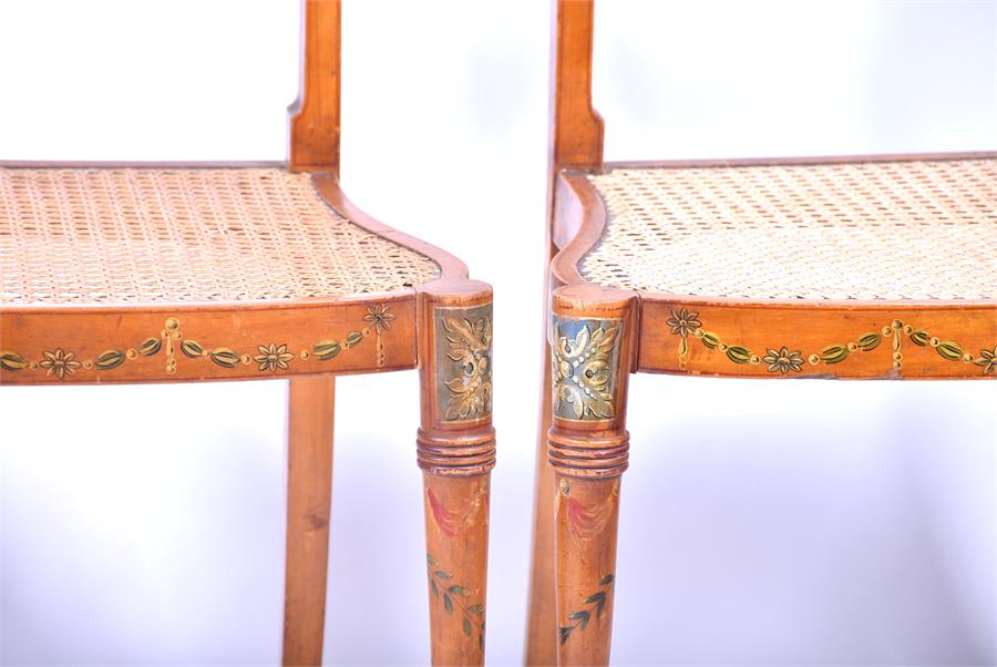 A set of four 19th century Sheraton Revival satinwood chairs each with cane seats and finely painted - Image 2 of 14