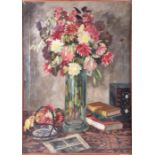 Still life with vase of flowers and books oil on canvas, , with indistinct signature to lower right,