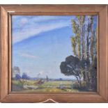 A view across fields with a figure and poplar trees 20th century, oil on board, framed and glazed,