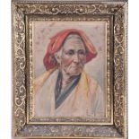 Portrait of an elderly Mediterranean woman entitled Grandma, oil on canvas, signed indistinctly to