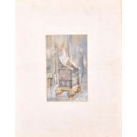 A watercolour of an ecclesiastical stone statue of a throne on four lion feet, in a cathedral