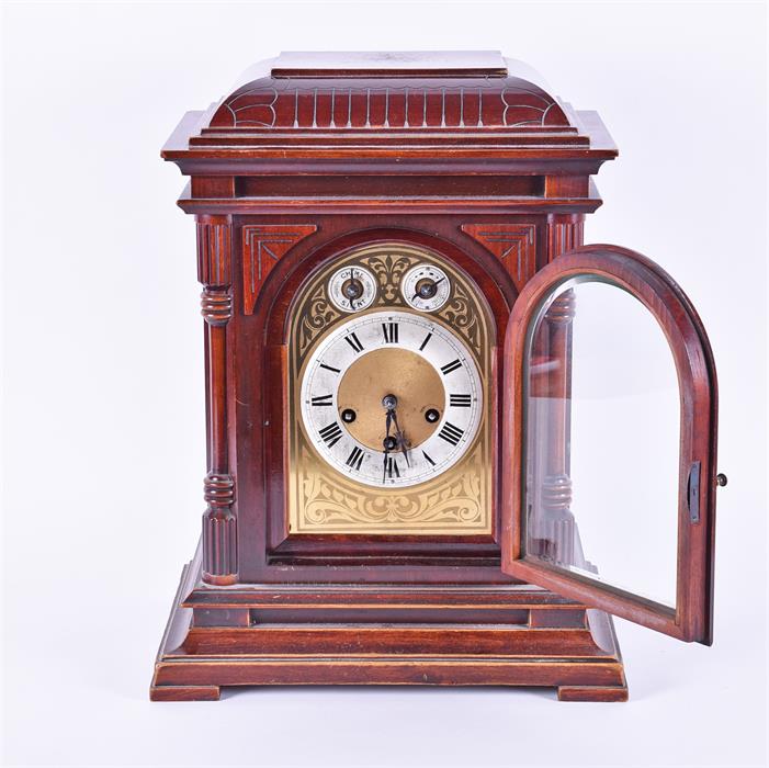 A 20th century bracket clock set within a stained mahogany case with hinged glazed panel door, the - Image 11 of 16