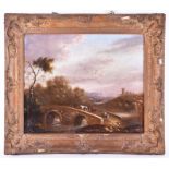 A farmer droves cattle over a bridge oil on canvas, 19th century, in a gilt gesso frame, 50 x 58.5