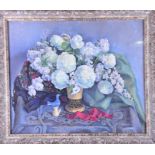 A 20th century still life with white flowers acrylic on board, signed 'Van Berchem' to lower left,