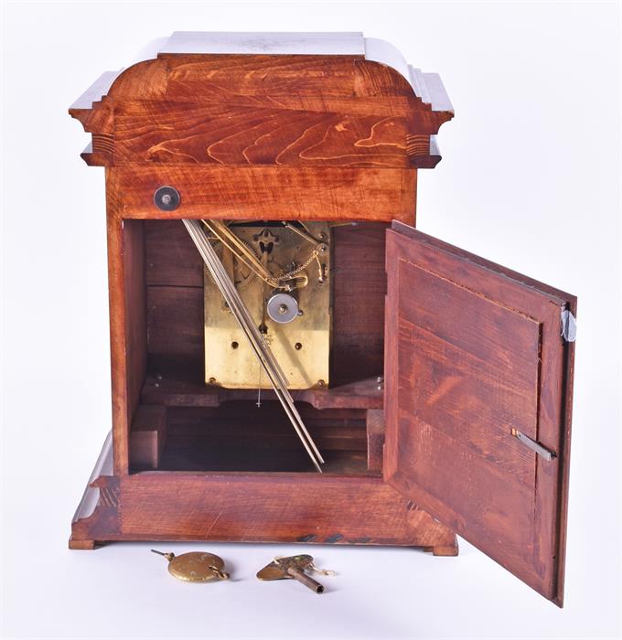 A 20th century bracket clock set within a stained mahogany case with hinged glazed panel door, the - Image 13 of 16