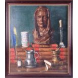 A 20th century still life with books, a bust, candles and tankard 1929, probably Italian, oil on