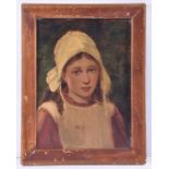 An early 20th century portrait of a sullen girl oil on panel, signed indistinctly to lower left,