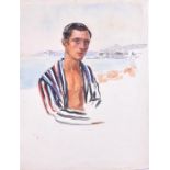 A pair of English watercolour sketches of a young Mediterranean man beside the ocean  c. 1920, a