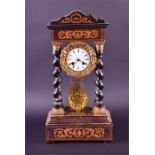 A 19th century French mahogany cased  portico mantel clock the movement with exterior counterwheel