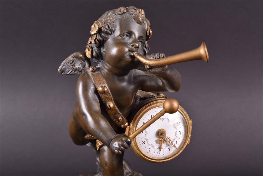 A 19th century French marble figural cherub mantel clock the cherub playing a horn and holding a - Image 2 of 10