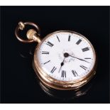 A ladies 9ct gold open-faced fob watch the white enamelled dial with black Roman numerals and
