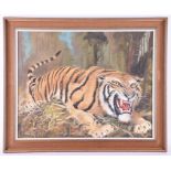 Michael Long (20th century) British a snarling tiger, oil on canvas, signed and dated lower left,