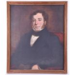 A portrait of a gentleman in 19th century dress and wire framed spectacles, oil on canvas, framed,