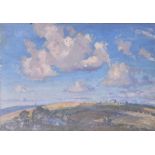 A 20th century landscape with rolling hills and cumulus clouds in a bright blue sky, oil on board,