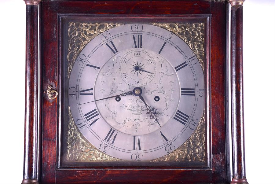 An 18th century oak long case clock the silvered dial with silvered chapter ring, engraved - Image 6 of 8