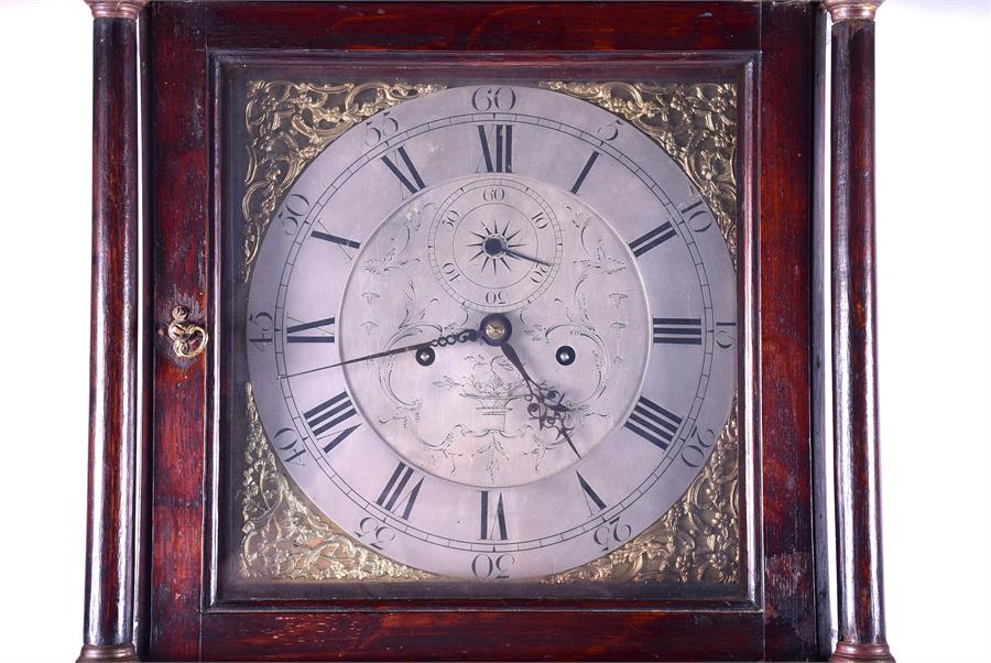 An 18th century oak long case clock the silvered dial with silvered chapter ring, engraved - Image 2 of 8