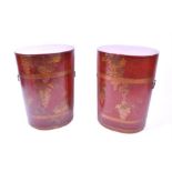A pair of 20th century Chinese red lacquer chinoiserie barrels decorated all over with gilt