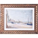 A 20th century harbourside scene oil on canvas, signed indistinctly to lower left corner, framed and