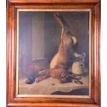 A 19th century European School still life of game a dead pheasant and hare in an interior, oil on
