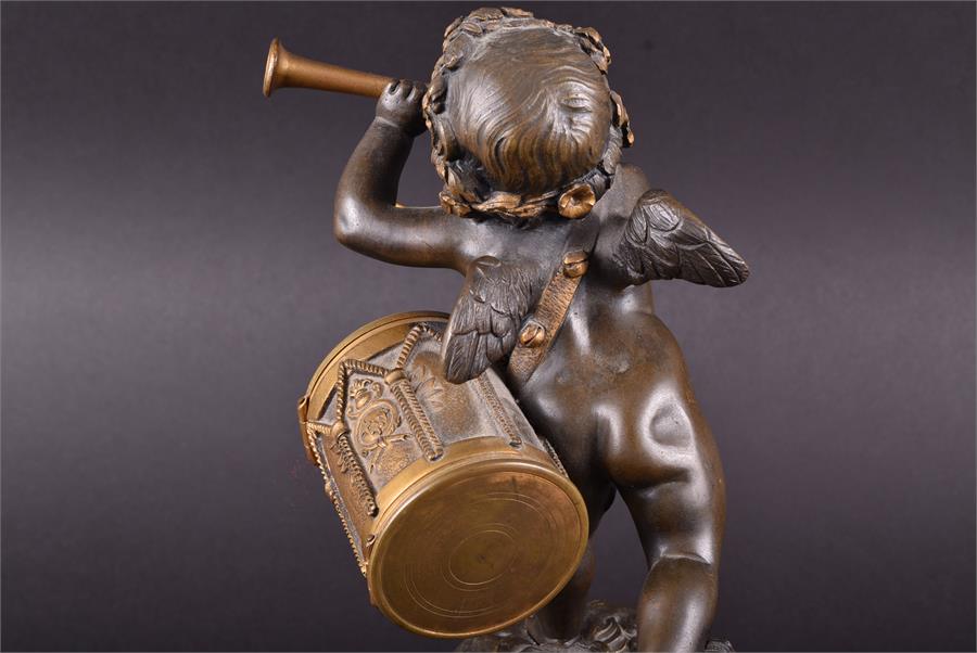 A 19th century French marble figural cherub mantel clock the cherub playing a horn and holding a - Image 9 of 10