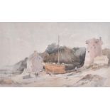 William Hickling Burnett (c.1800-1860) British shipbuilders at work on the beach, 1858, watercolour,